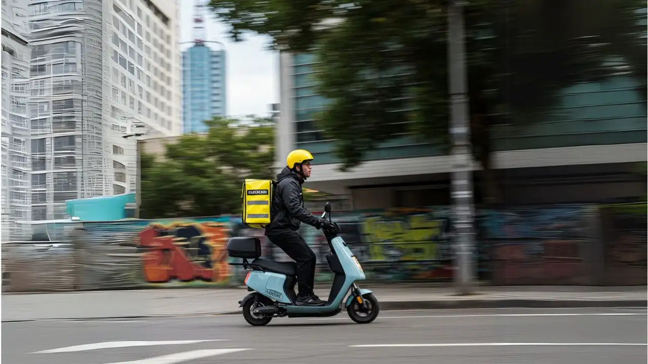 Courier delivering a package quickly in an urban area, symbolizing fast order fulfillment.