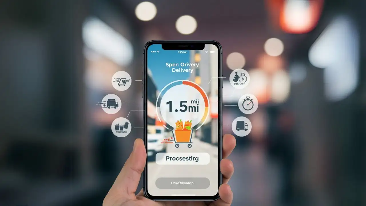 Smartphone showing fast delivery order with countdown timer and app interface.