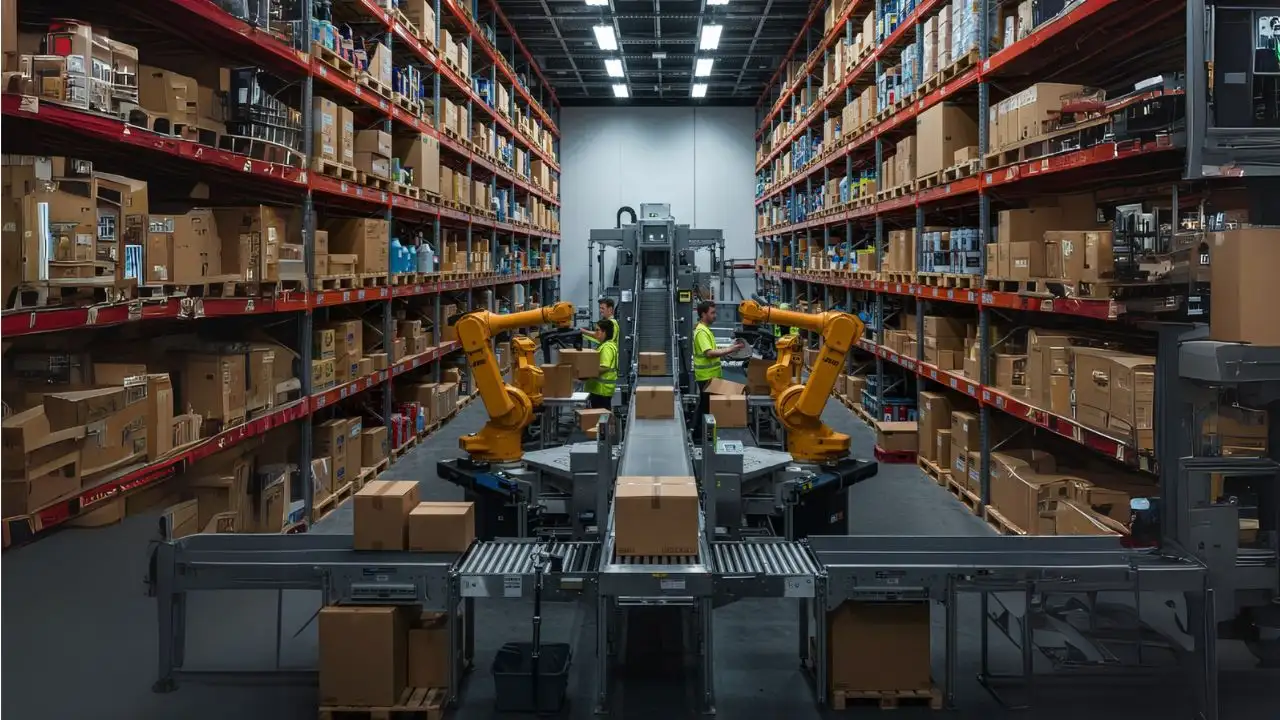 Dark Store Revolution Image:
Inside view of a dark store with shelves and workers or robots packing items rapidly.