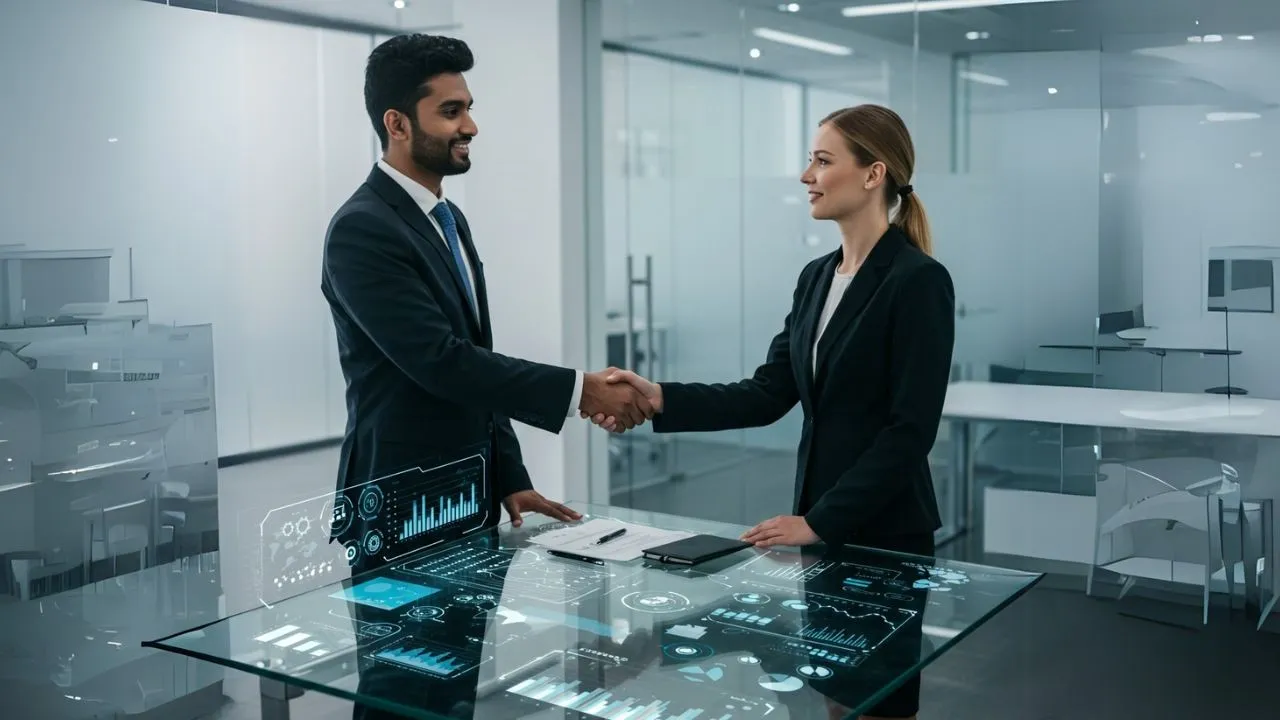 A futuristic digital cityscape with glowing grids and data streams, showing professionals interacting with holographic business interfaces to represent B2B ecommerce transformation.