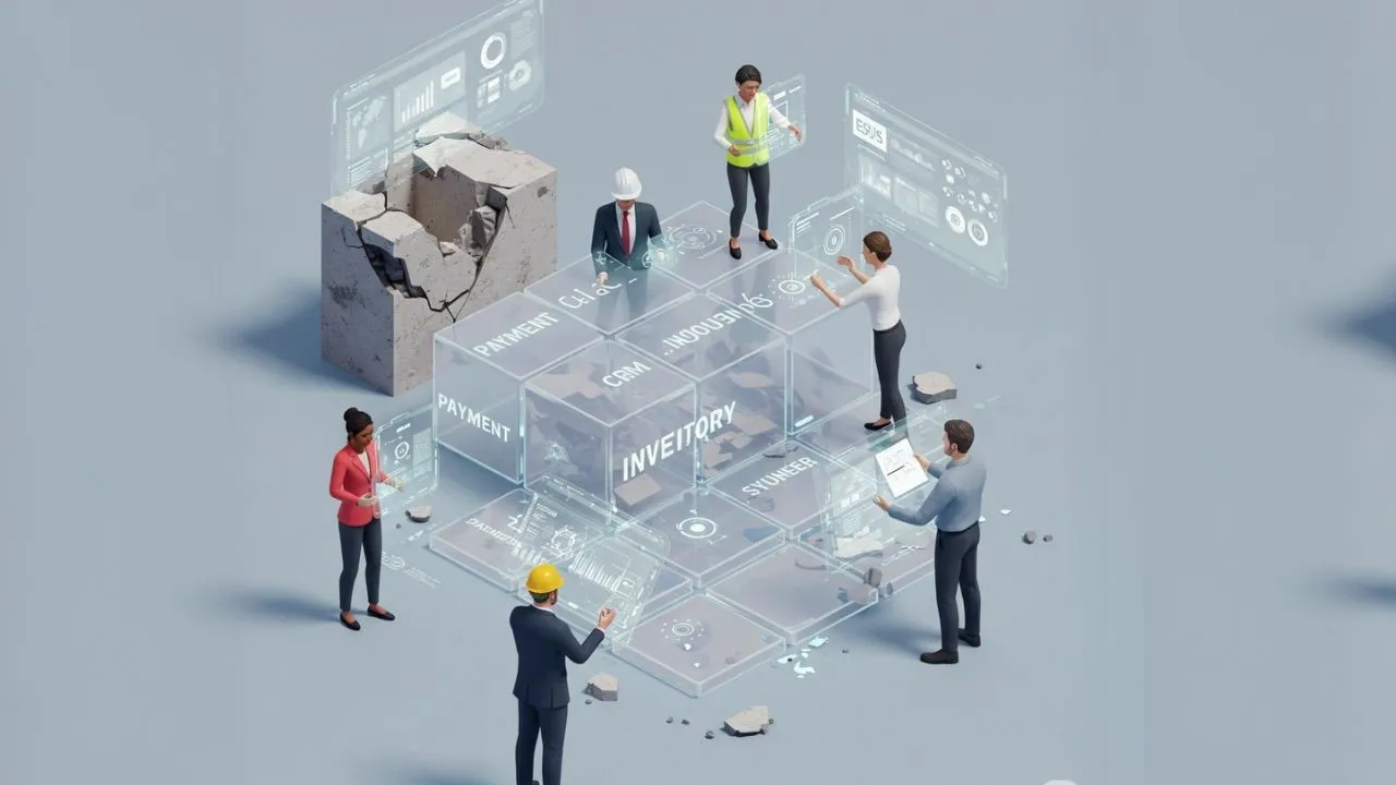 Business professionals shaking hands over a digital table displaying charts and workflows, symbolizing modern B2B ecommerce platforms and transactions.
