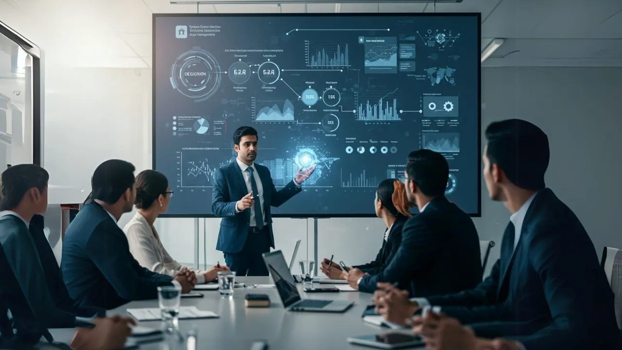AI brain above a smart warehouse with robots, dashboards, and humans working together, illustrating automation in B2B ecommerce operations.