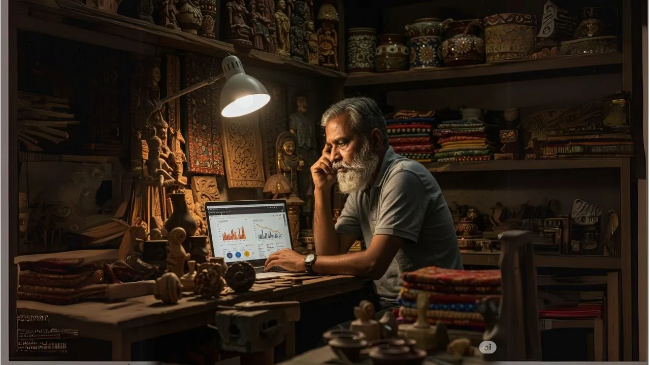 Frustrated Indian artisan with unsold products in front of laptop