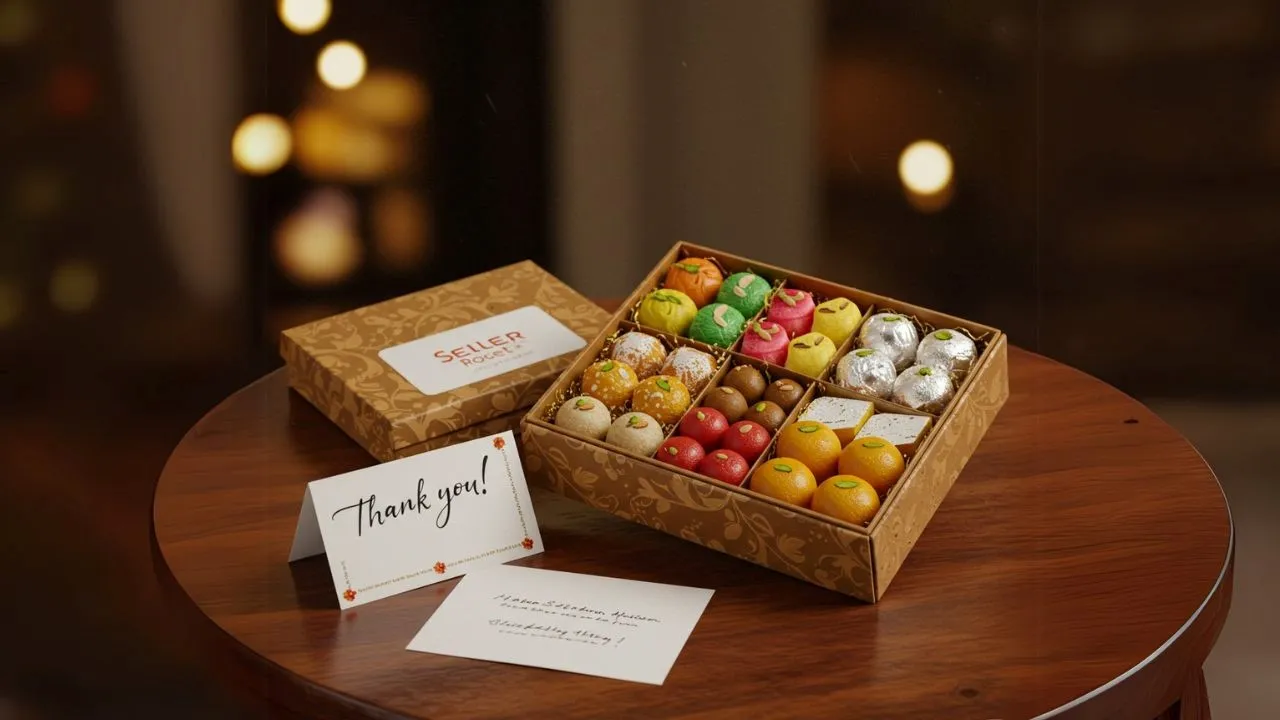 Client testimonial with festive gift box and thank-you note
