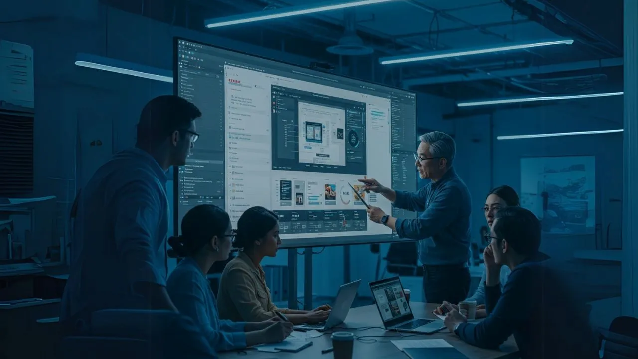 A futuristic digital cityscape with glowing grids and data streams, showing professionals interacting with holographic business interfaces to represent B2B ecommerce transformation.