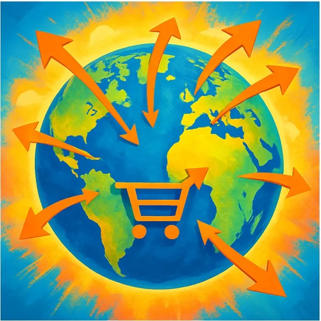 A futuristic digital cityscape with glowing grids and data streams, showing professionals interacting with holographic business interfaces to represent B2B ecommerce transformation.
