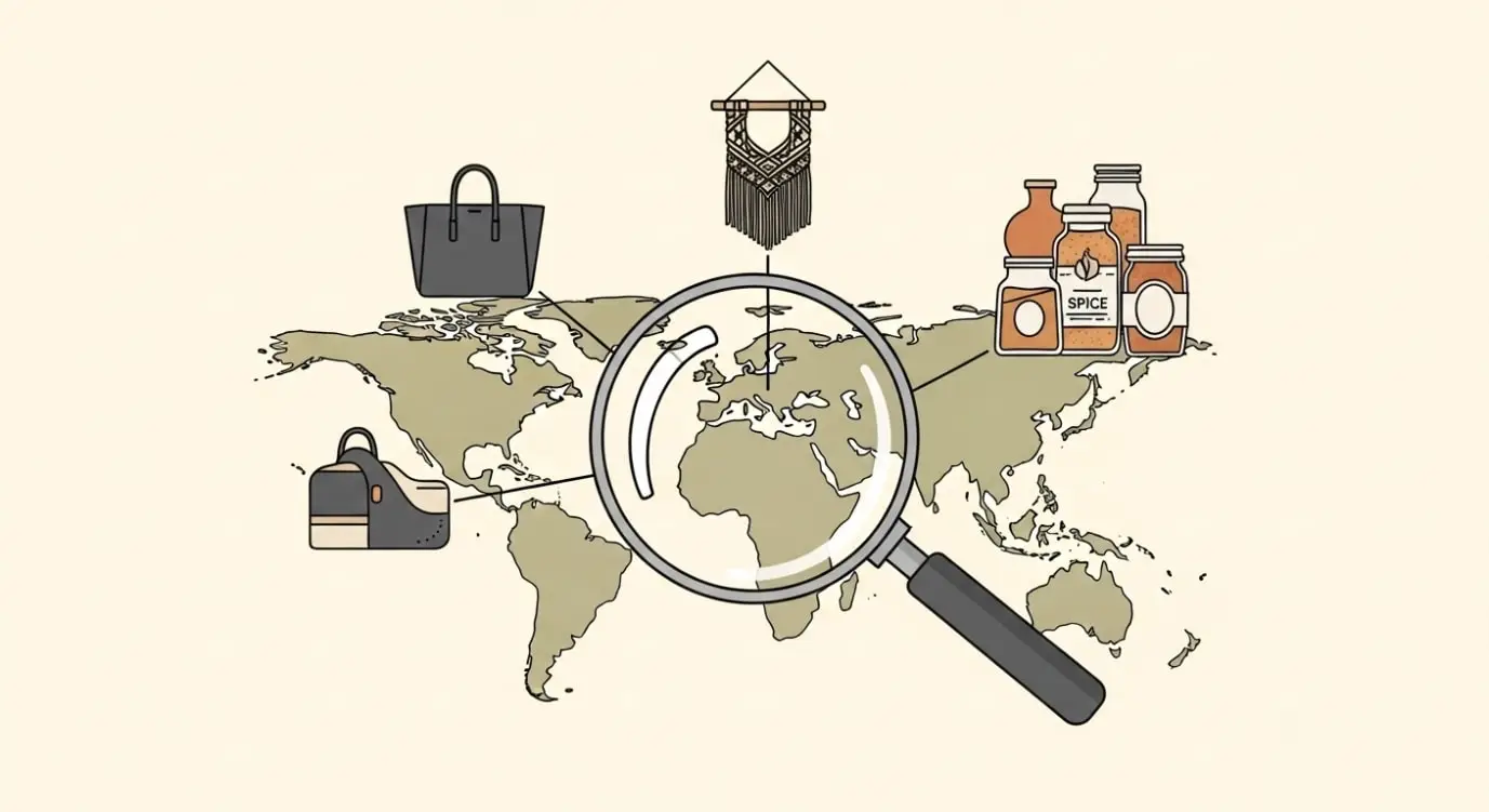 Illustration of a magnifying glass over a world map, showing in-demand products for selling internationally. 