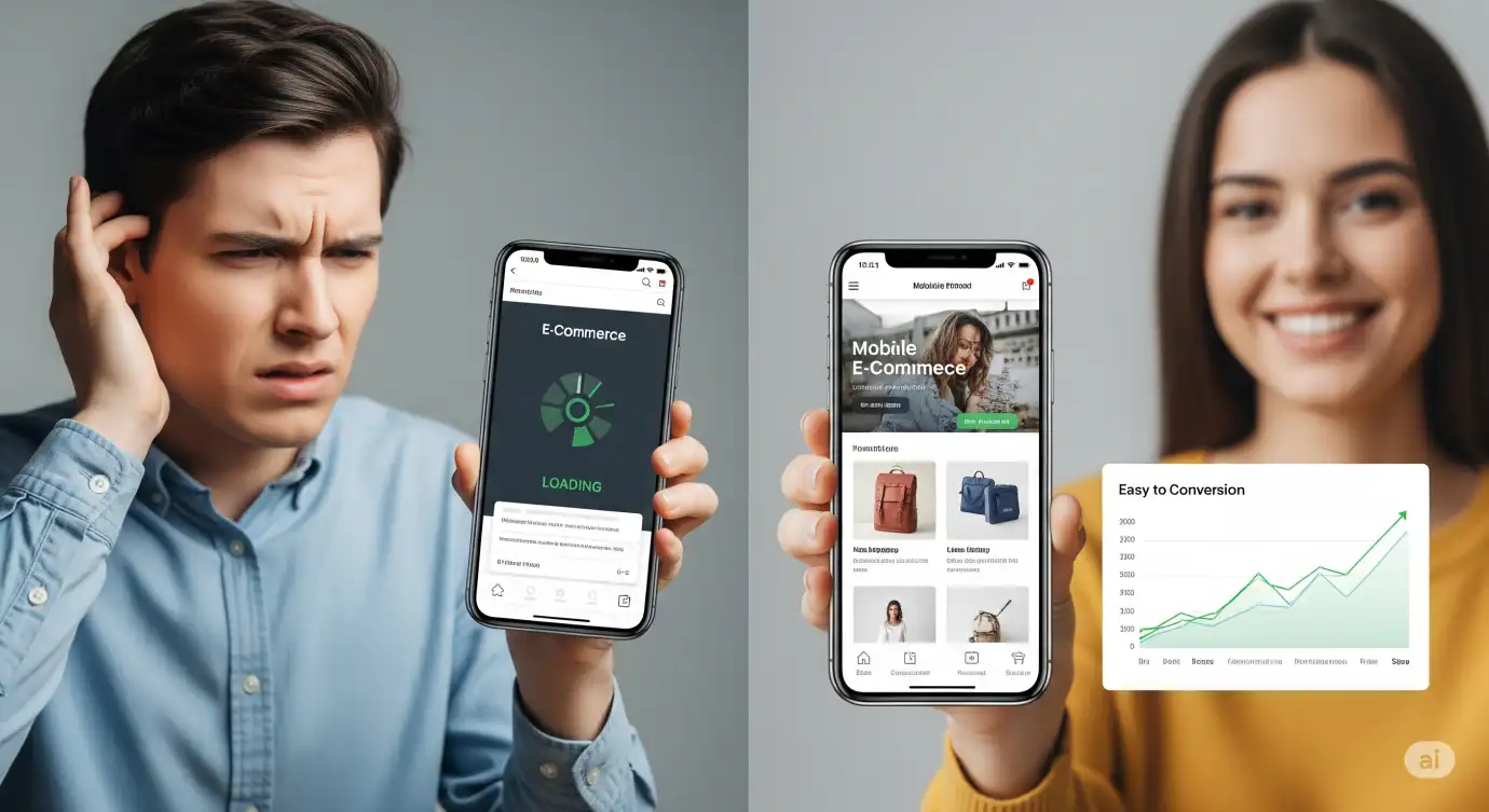 Side-by-side comparison of a slow vs fast mobile e-commerce site, user frustration vs satisfaction