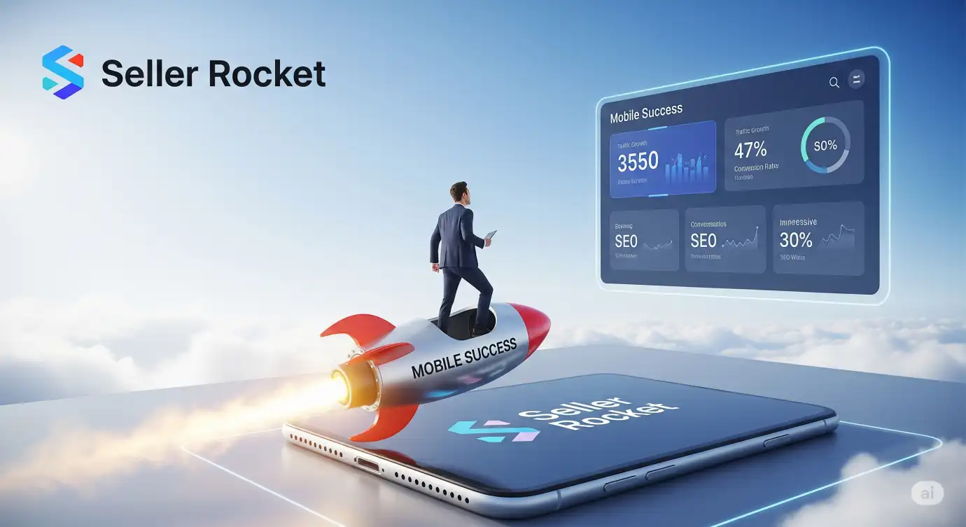 Rocket with Seller Rocket branding launching from phone into sky filled with growth metrics