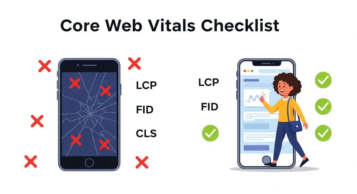 Checklist of LCP, FID, CLS with red and green markers, representing mobile SEO report card