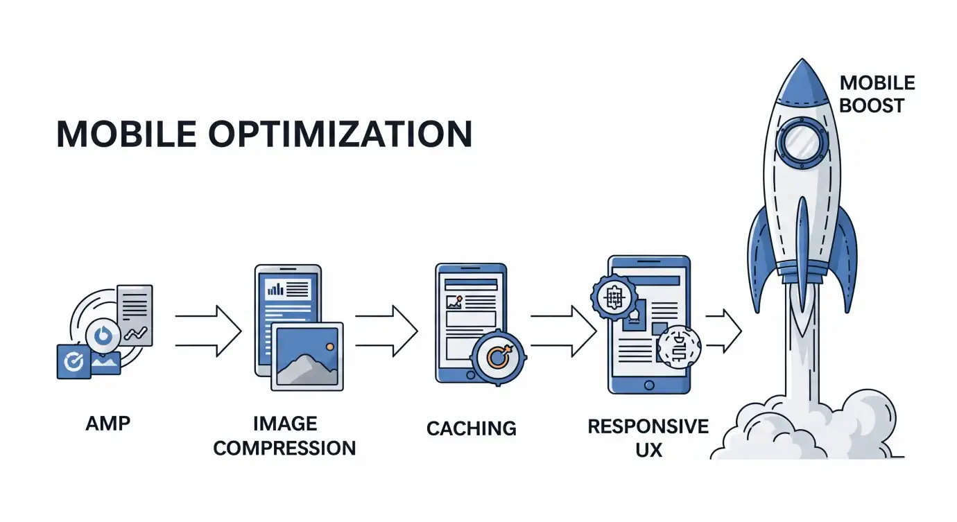 Roadmap showing AMP, caching, image optimization with mobile screen icons and a launch-ready rocket