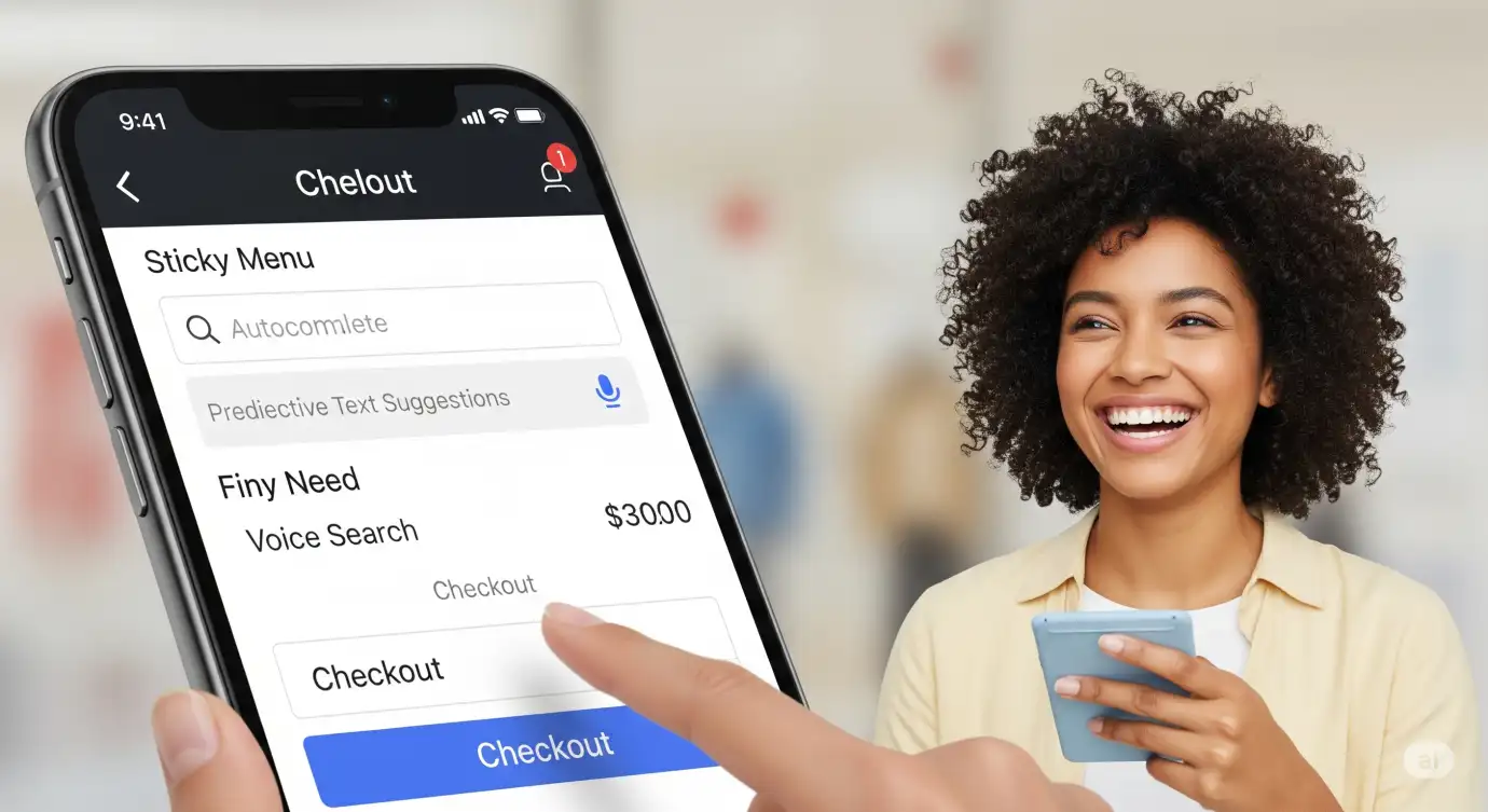Clean mobile layout showing voice search, sticky navigation, and quick checkout