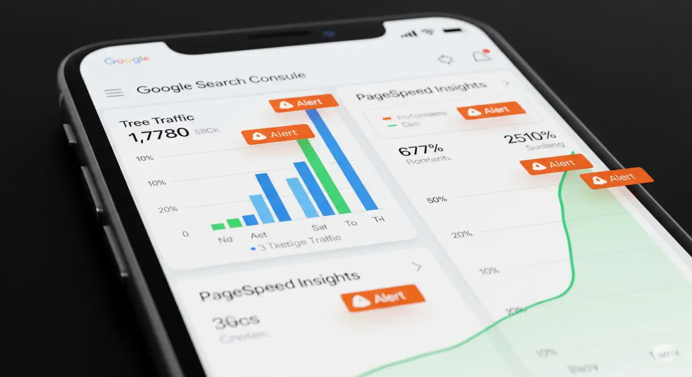 Analytics tools on mobile showing site performance stats and Google Search Console dashboard