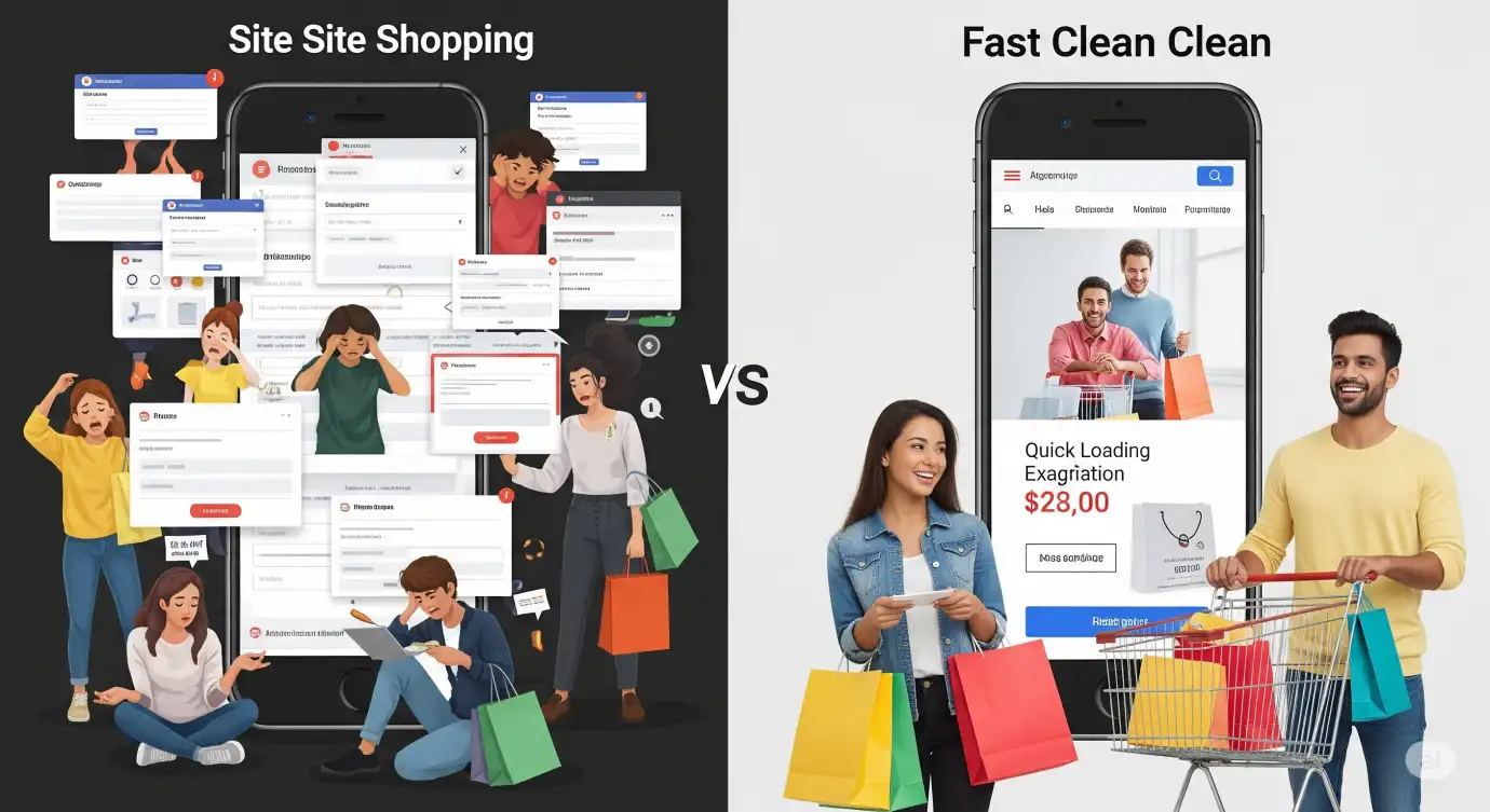 Pop-up-heavy mobile screen with bounce arrows vs clean interface with rising sales