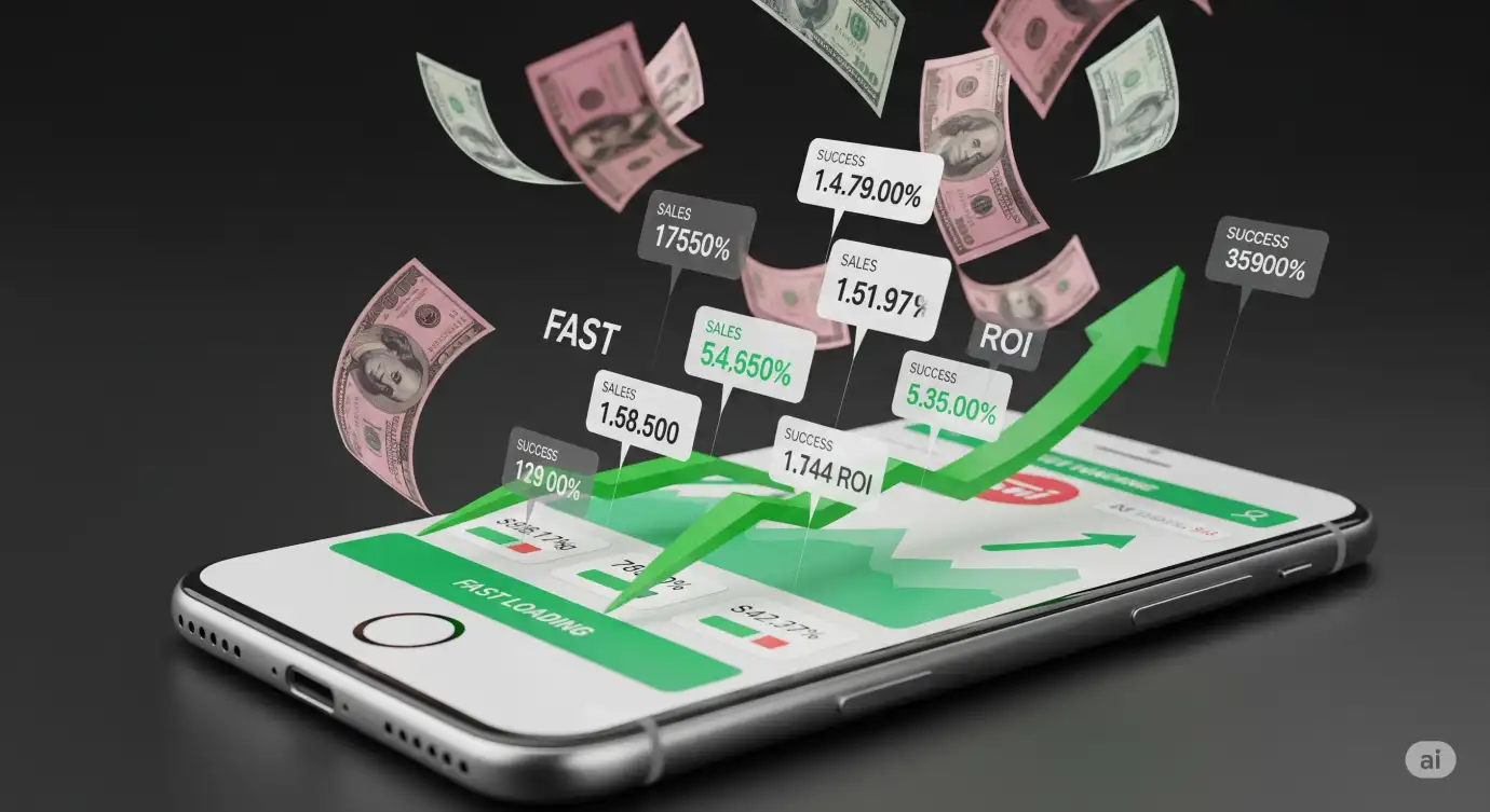 Phone shooting out money and graphs with ROI and conversions rising