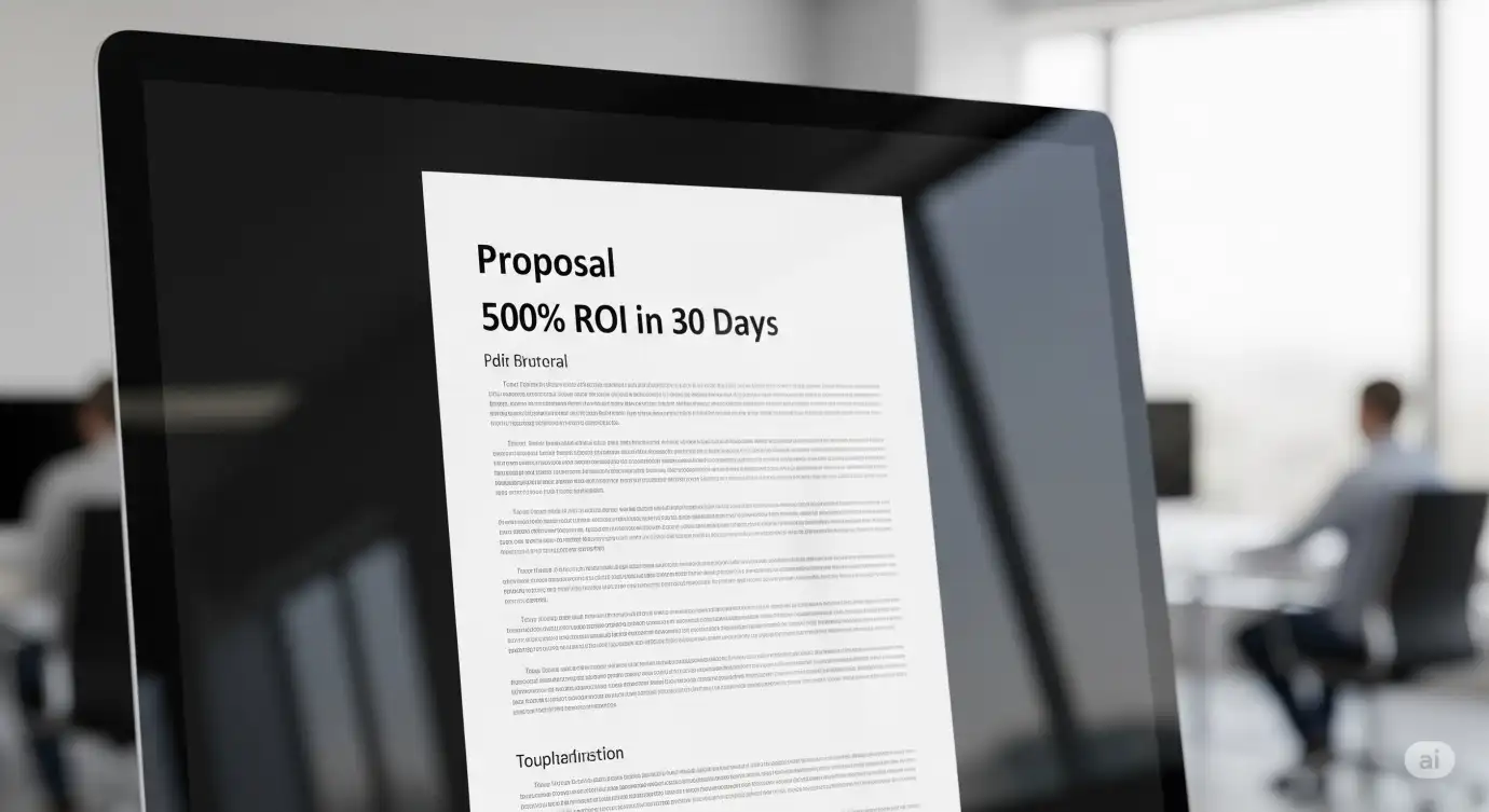 Sign #5 PDF of unrealistic sales promise—“500% ROI in 30 Days”—on-screen