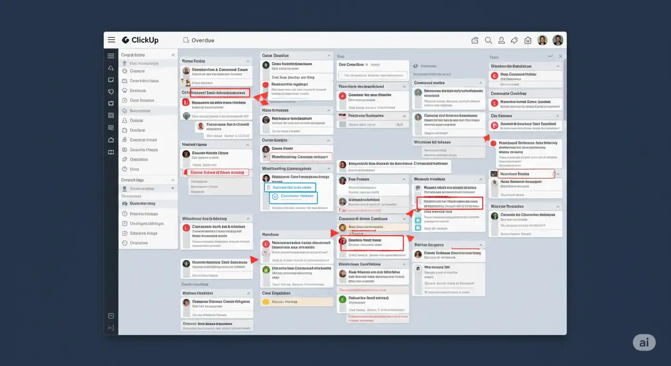 Project management tool screenshot with overdue campaign tasks and missed deadlines