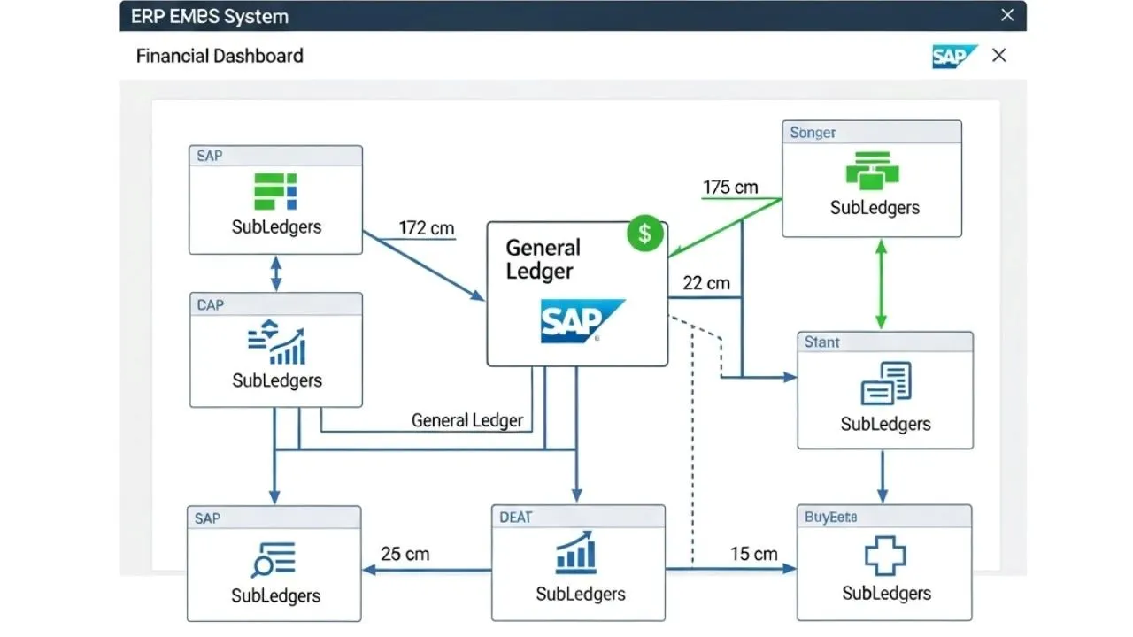 Diagram showing how reconciliation accounts link subledgers to the general ledger in SAP