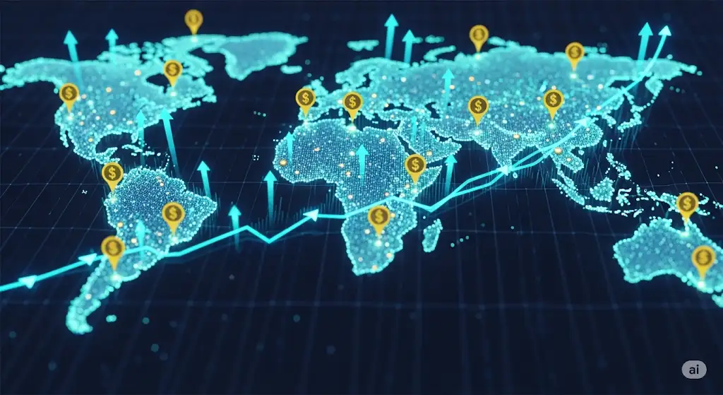 o Global growth of online stores across continents with digital markers.