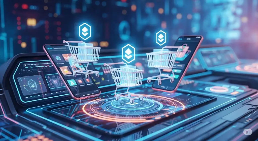 AI-powered digital shopping interface with mobile and blockchain elements.