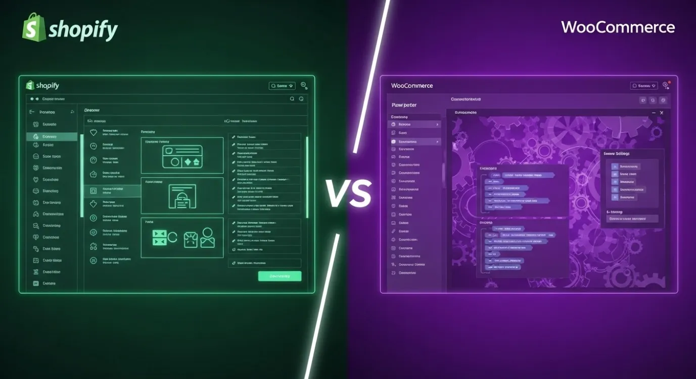 Conceptual art showing the Shopify vs WooCommerce logos on two distinct, glowing digital interfaces, separated by a VS symbol.
