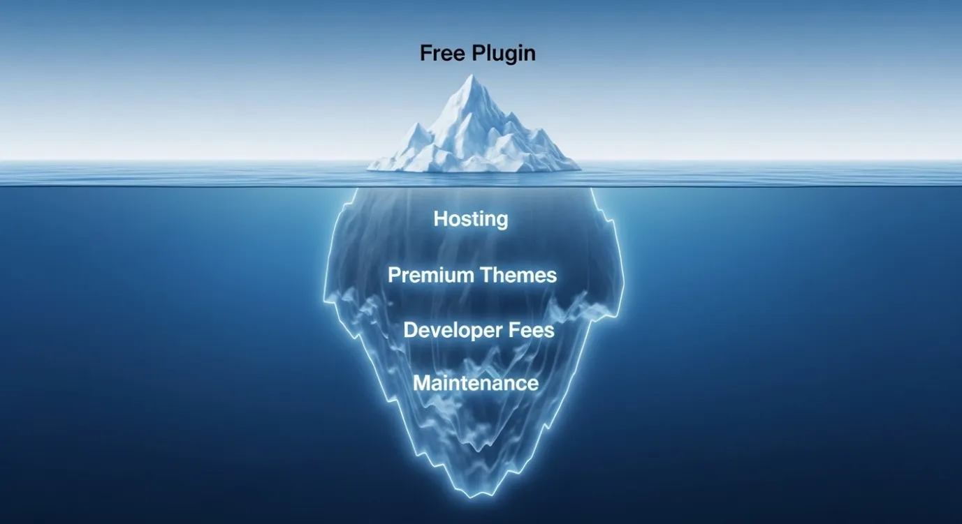 An iceberg illustration where the tip is labeled 'Free Plugin' and the massive underwater section shows the hidden costs of WooCommerce like hosting and fees.
