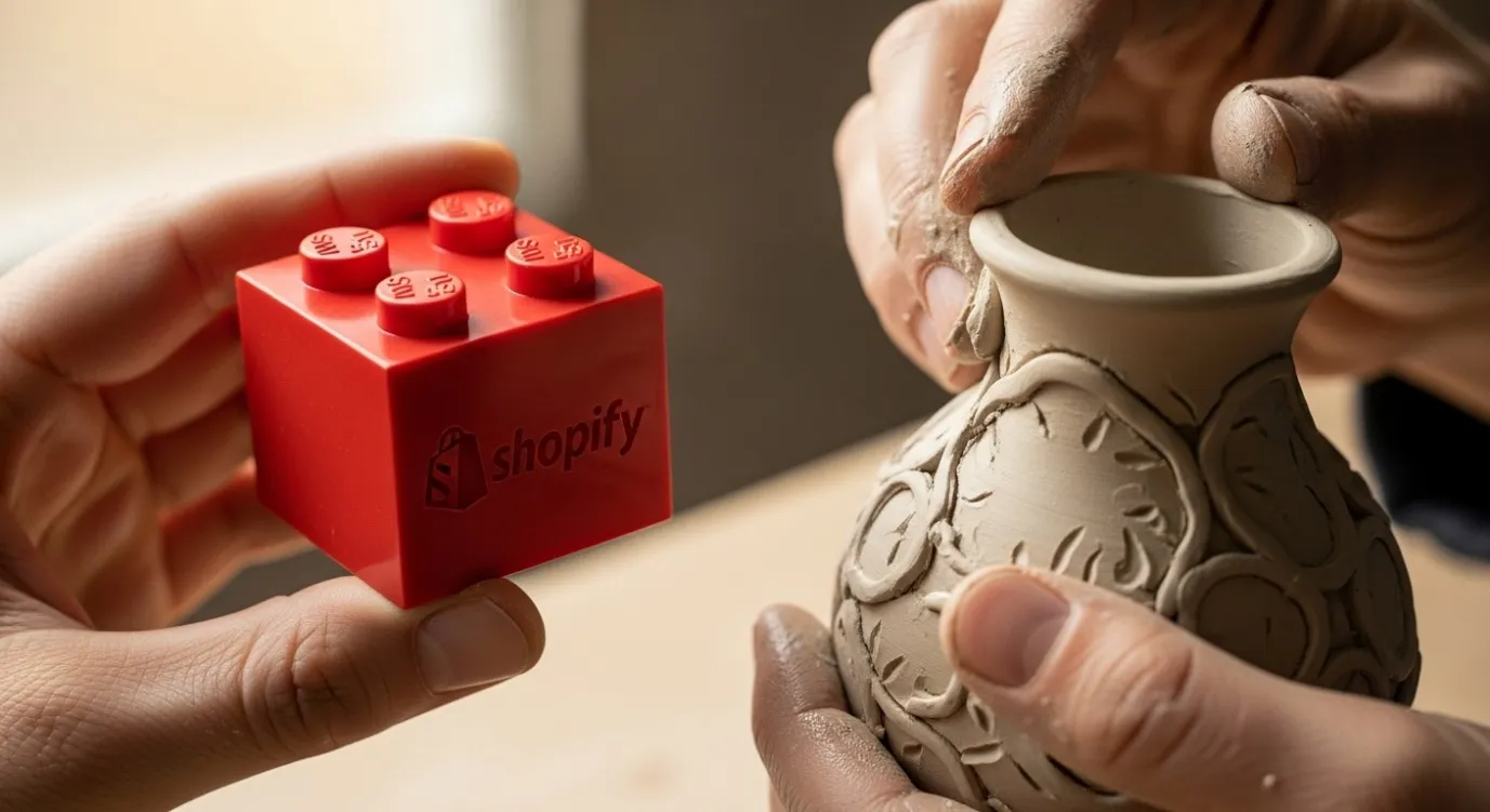 A visual metaphor of two hands: one holds a pre-made block representing Shopify, and the other molds a custom vase from clay representing WooCommerce's flexibility.
