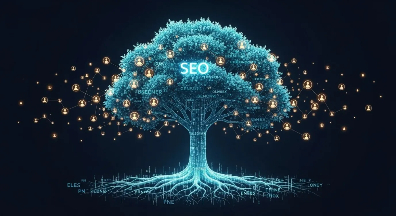 Illustration of a digital tree with roots made of glowing code and keywords, representing how an e-commerce website's SEO structure reaches its audience.
