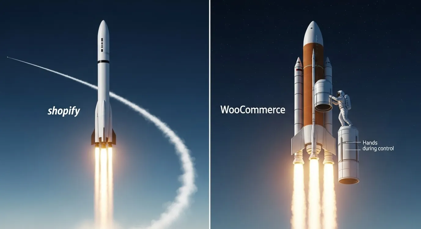 A sleek rocket labeled Shopify launching smoothly, contrasted with a modular rocket labeled WooCommerce being assembled by an engineer during its ascent, symbolizing different scaling methods
