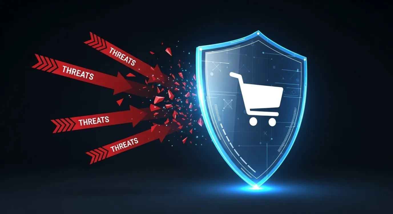 A glowing digital shield icon actively protecting a shopping cart from red arrows labeled 'Threats,' symbolizing Shopify's managed security.
