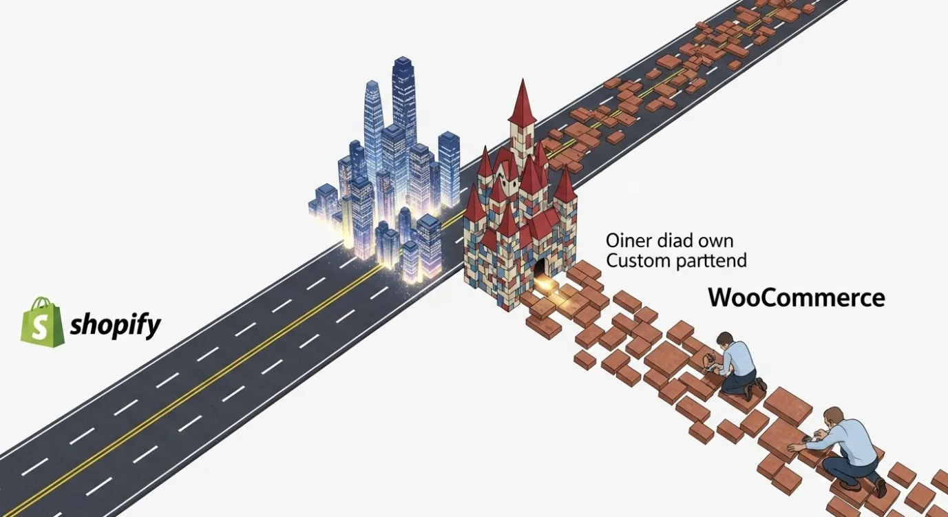 A path splitting into two roads: a smooth highway labeled 'Shopify' and a custom-built brick road labeled 'WooCommerce,' symbolizing the platform choice for different user needs.
