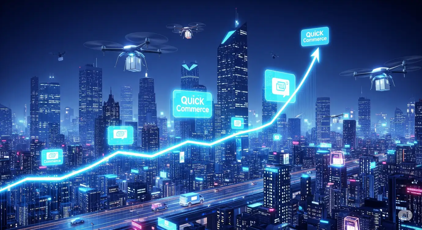Futuristic city with fast delivery icons and glowing routes representing the future of Quick Commerce